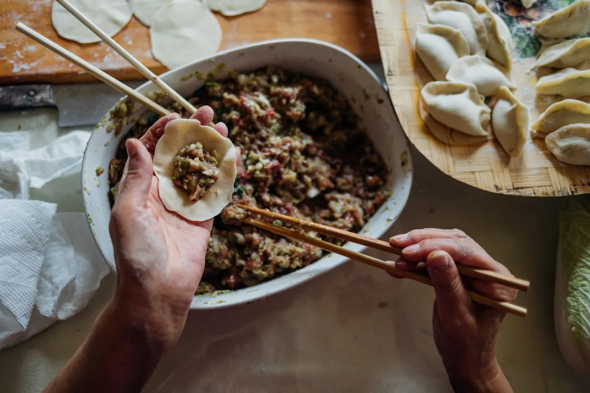 Traditional Chinese dumplings (jiaozi) being prepared for New Year