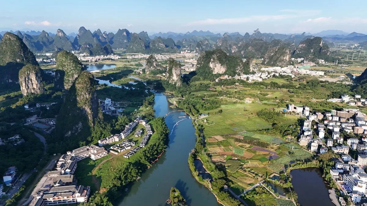 Dramatic misty landscape evoking Zhang Yimou's Hero colour palette