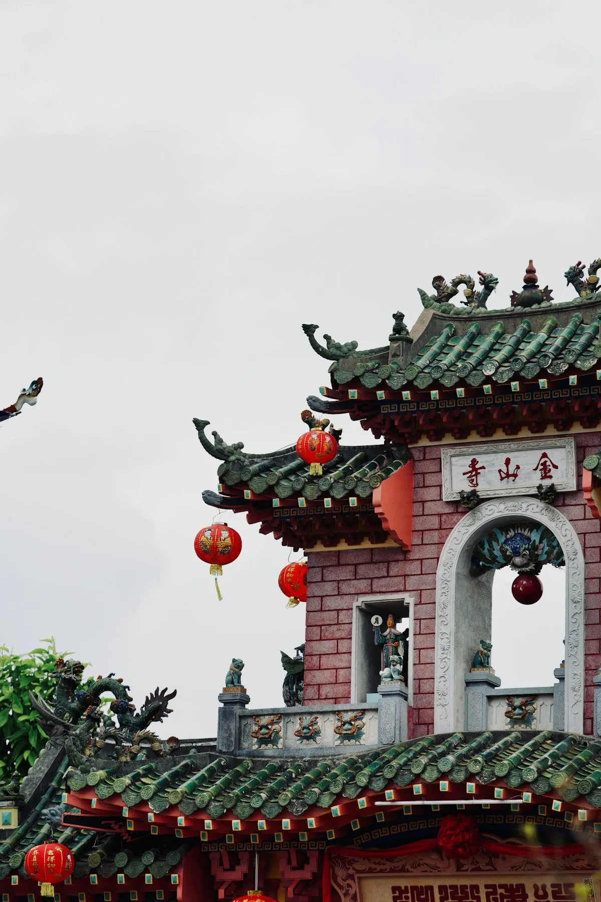 Traditional Chinese temple with red lanterns during Spring Festival